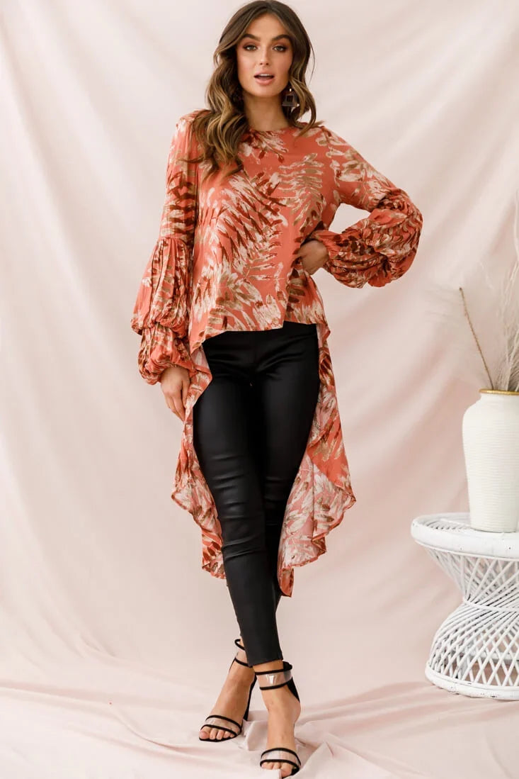 Elaine High Low Balloon Sleeve Top Rose
