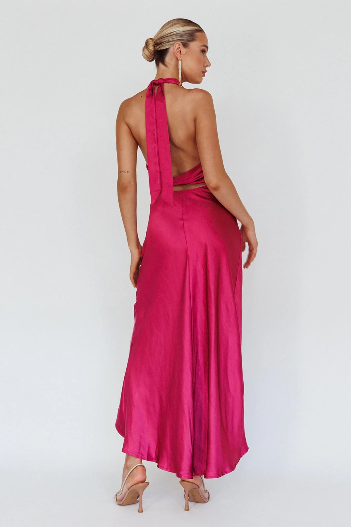 Sonoma Halterneck Faux Wrap Twist Back Maxi Dress Fuchsia