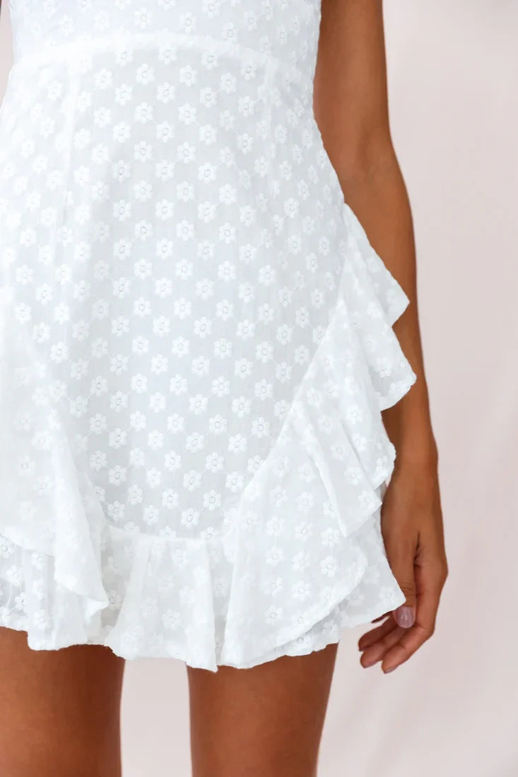 Nixie Tied Shoulder Ruffle Trim Dress Flower Embellished White