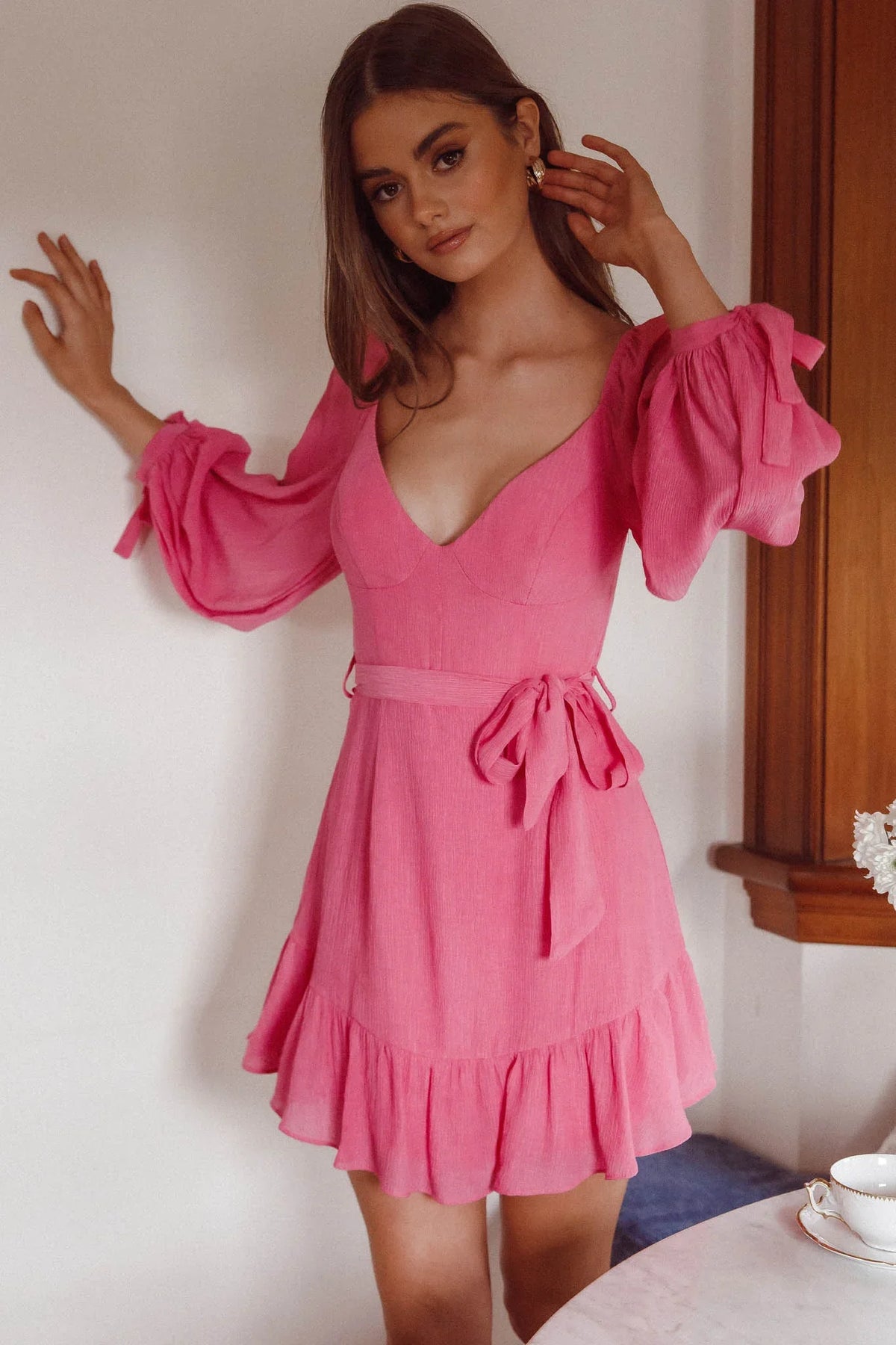 Make Memories Balloon Sleeve Molded Bust Dress Hot Pink