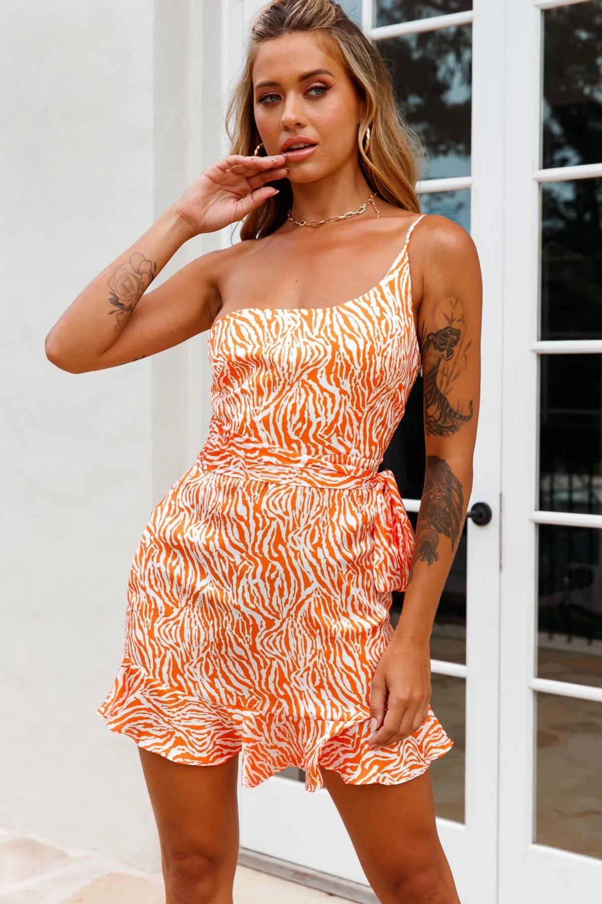 Don't Wait Up One Shoulder Waist Tie Dress Animal Print Orange/Peach