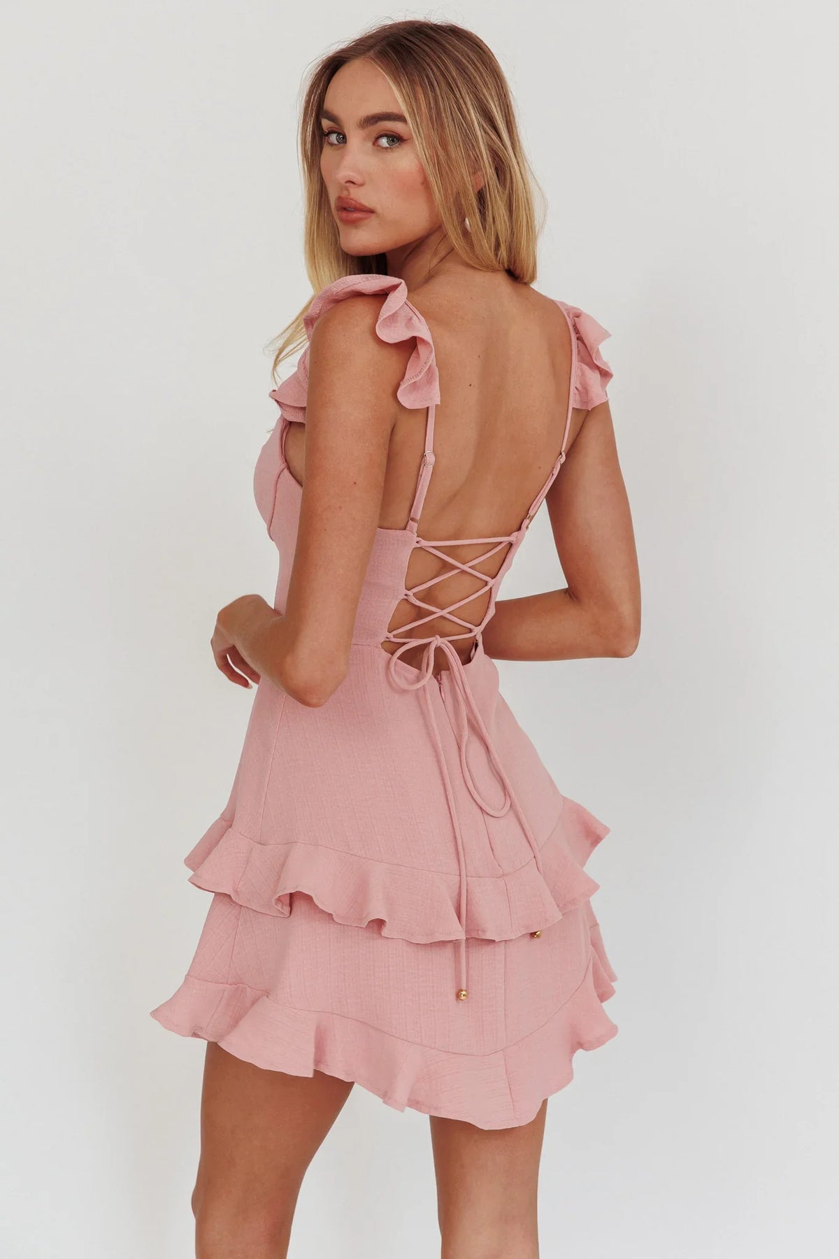 Moonlit Moment Ruffle Trim Piping Detail Lace-Up Back Dress Dusty Rose