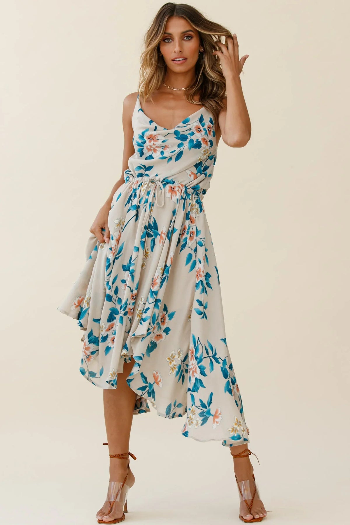 Ava Cowl Neck Drawstring Midi Dress Floral Print Mocha