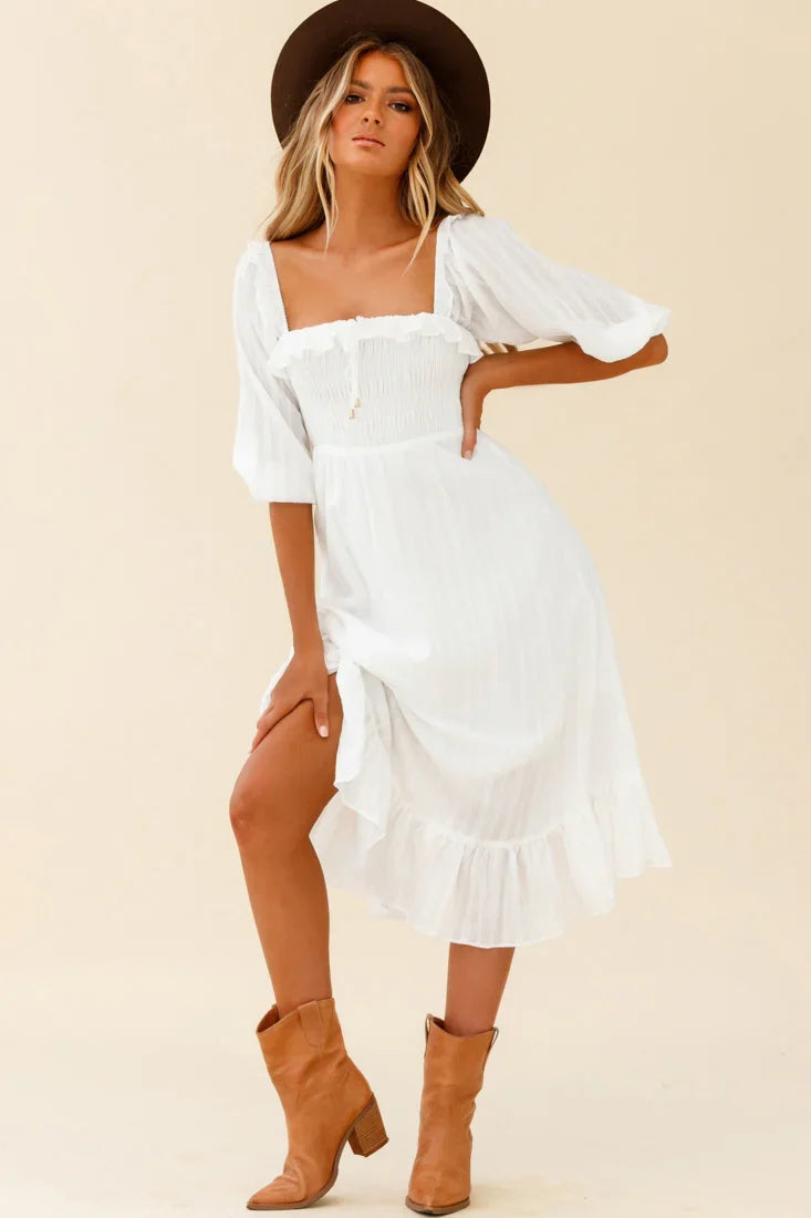 Flynn Off-Shoulder Shirred Bust Midi Dress White