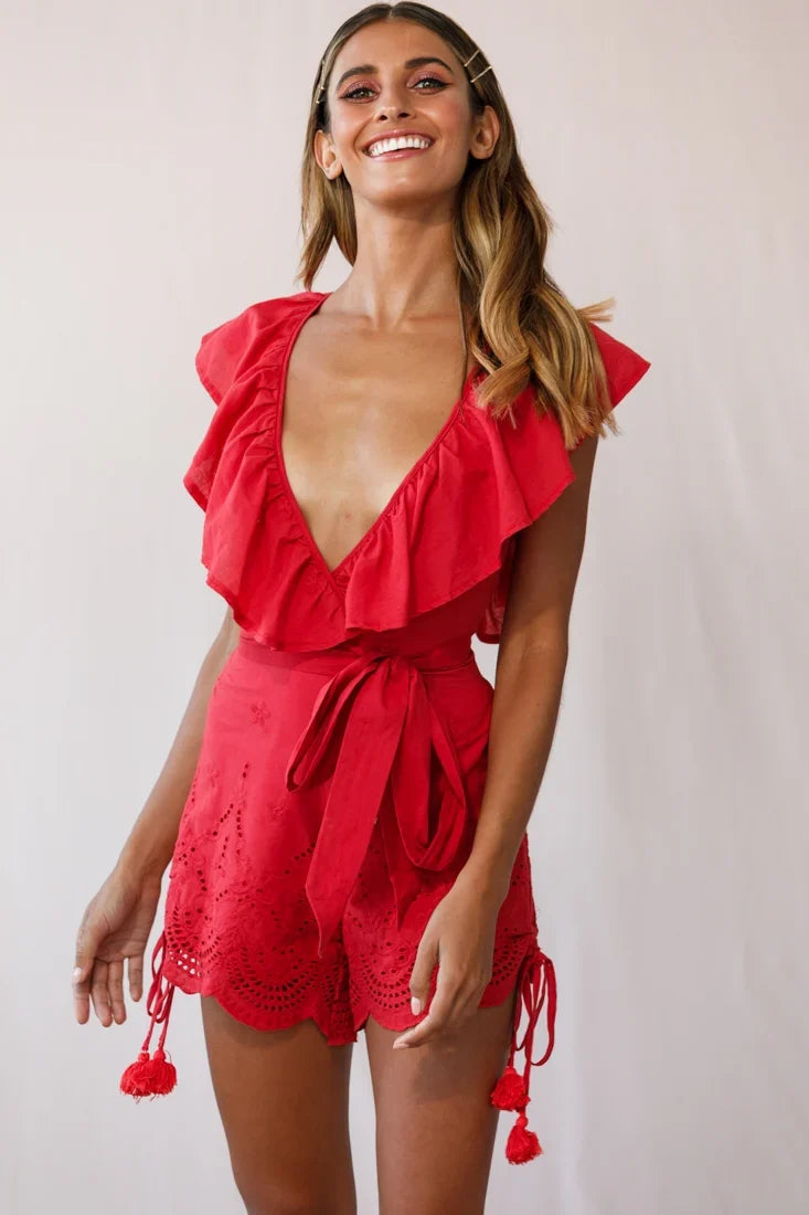 Kipper V-Neck Scalloped Romper Red
