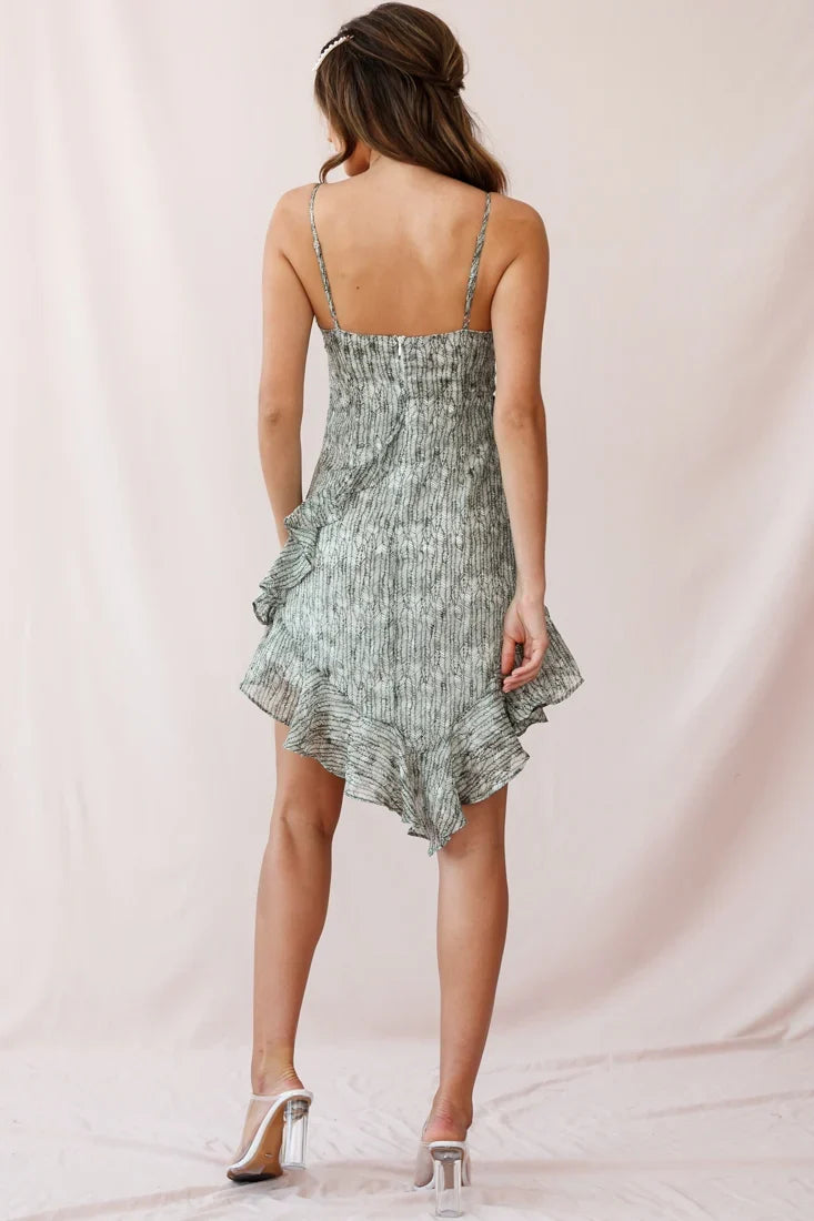 Kindred Ruffle-Trimmed V-Shaped Hem Dress Weave Print Olive