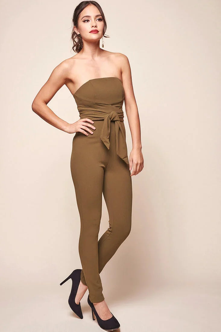 Payton Strapless Waist Tie Bodycon Jumpsuit Khaki