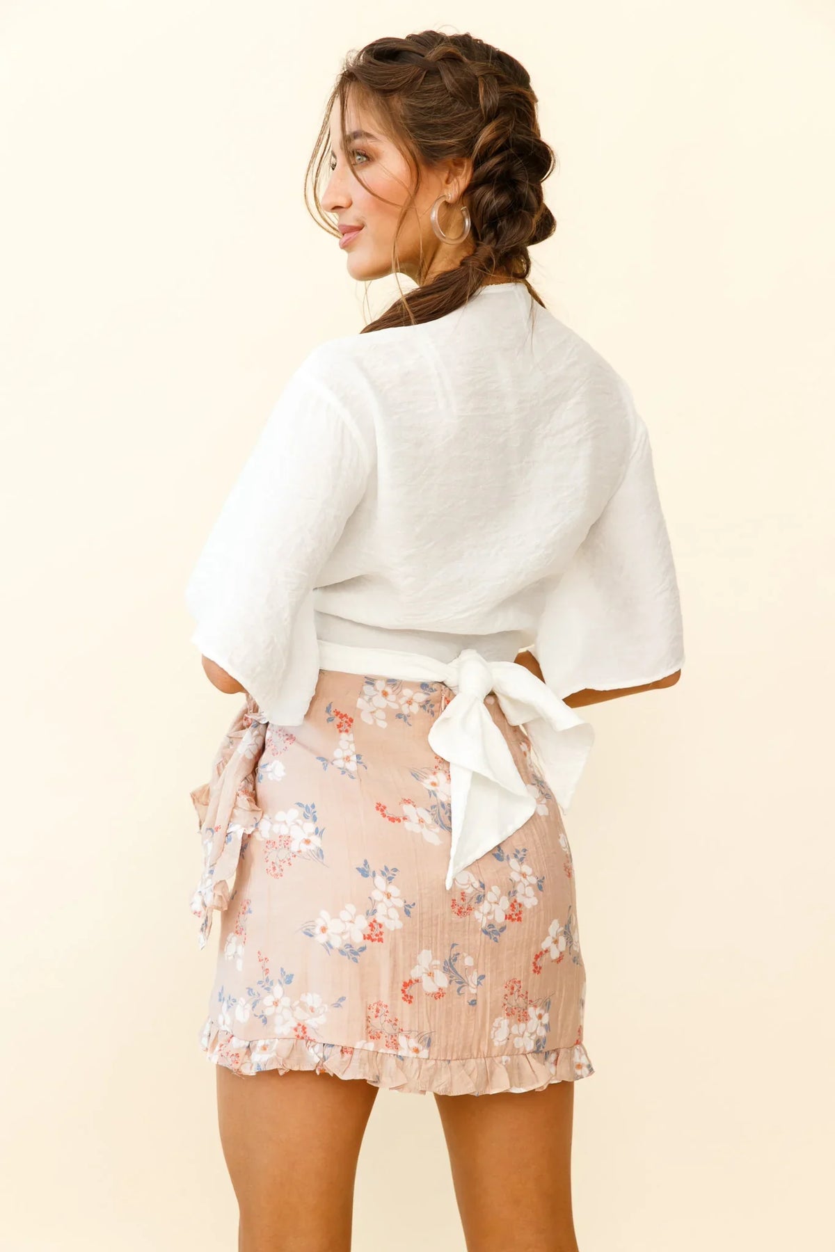 Liana Frill Trim Wrap Style Skirt Floral Print Mocha