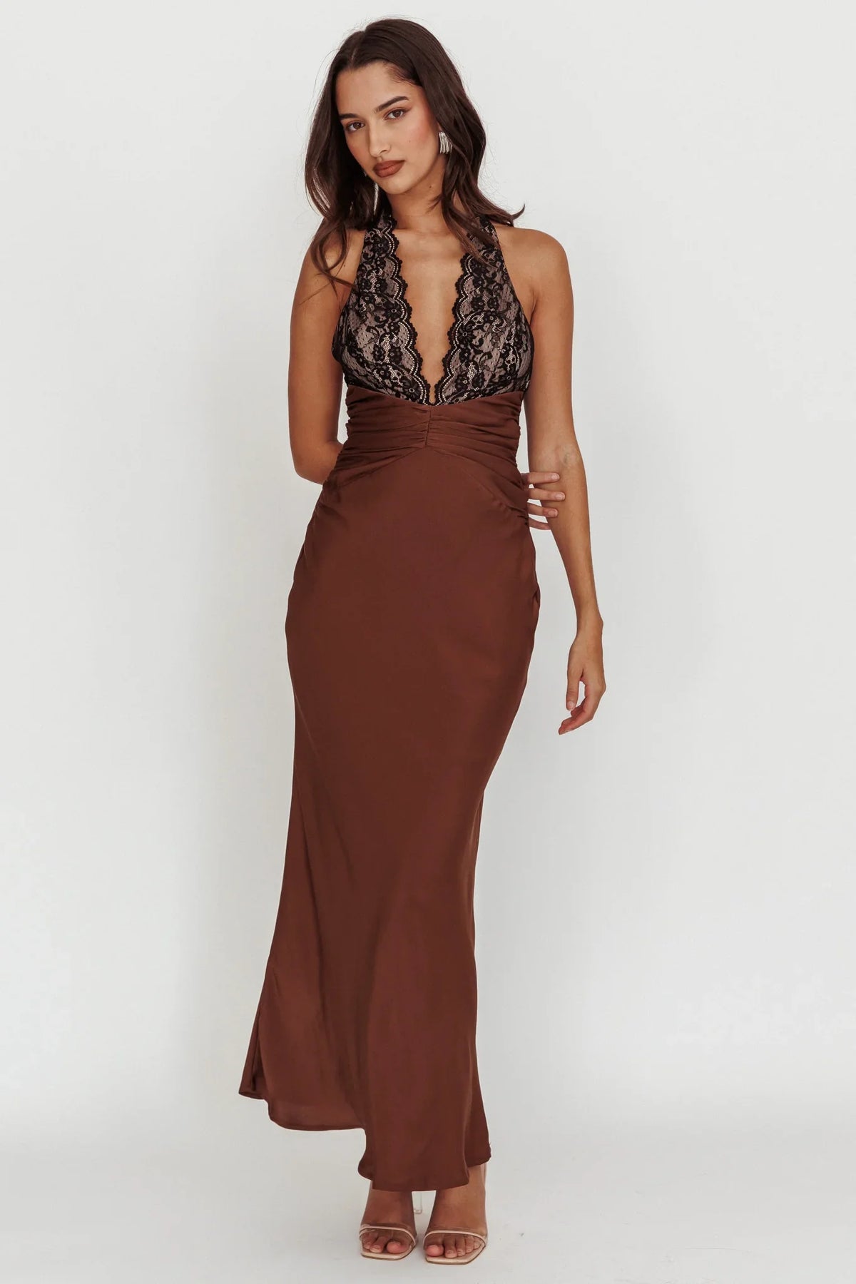 Rarity Satin Lace Halterneck Maxi Dress Coffee