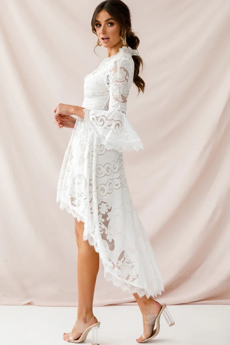 Chantilly High-Low Bell Sleeve Dress White