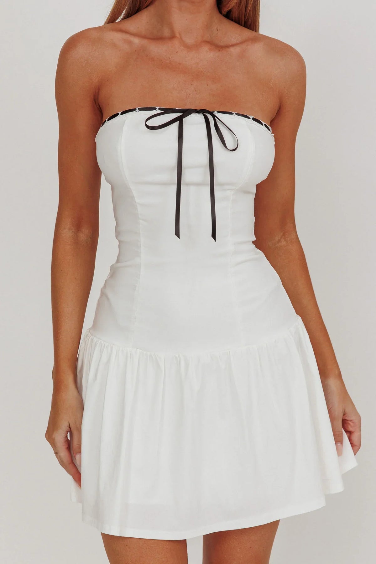 Cosmic Eyes Bow Strapless Mini Dress Off White
