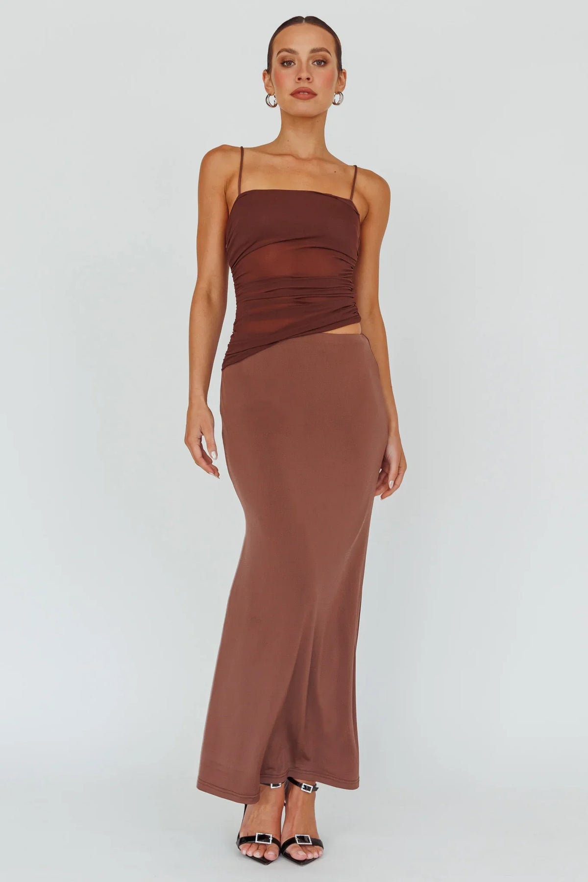 Lorely Ruched Bodice Midi Dress Brown