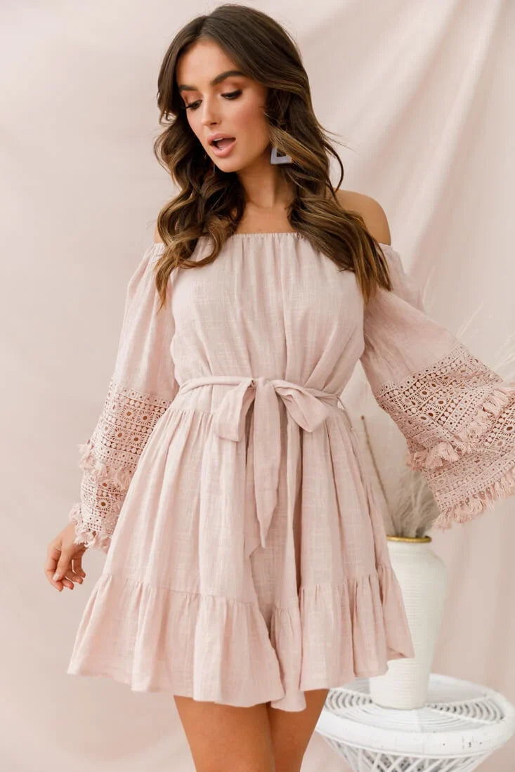 Mona Off-Shoulder Embellished Sleeve Dress Mocha