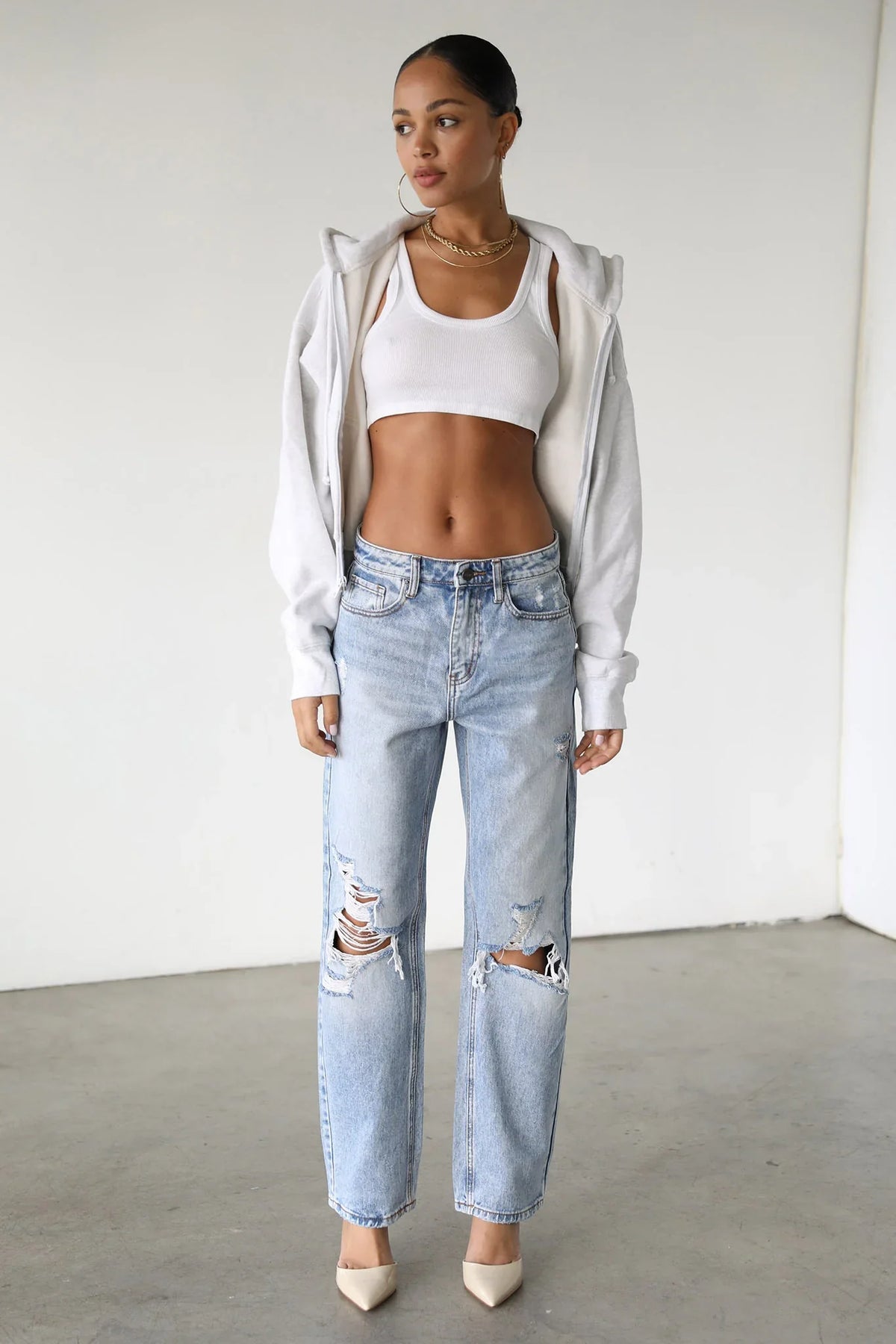 DOGMA High Rise Straight Leg Denim Jeans Distressed Light Wash