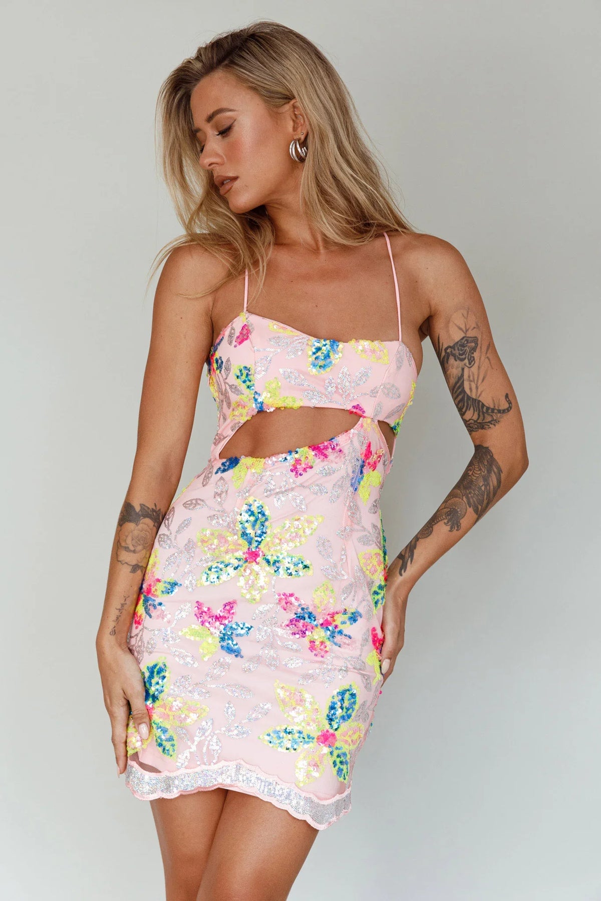 Anu Cut-Out Laced Back Sequin Dress Pink