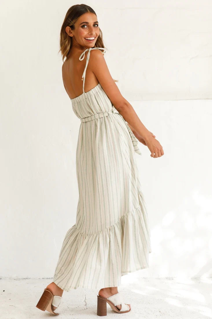 Golden Days Tied-Shoulder Midi Dress Stripe Pattern Olive
