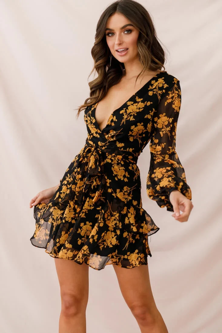 Kerry Layered Balloon Sleeve Dress Black/Orange