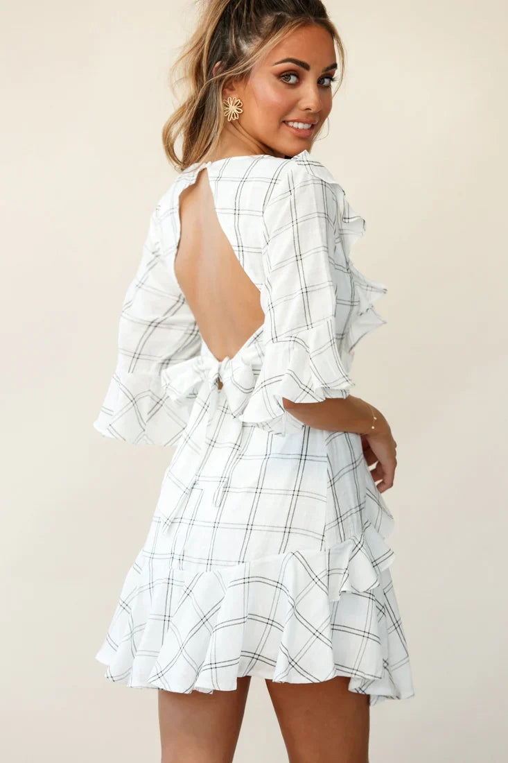 Ondina Ruffle Trimmed Keyhole Back Dress Check Print White