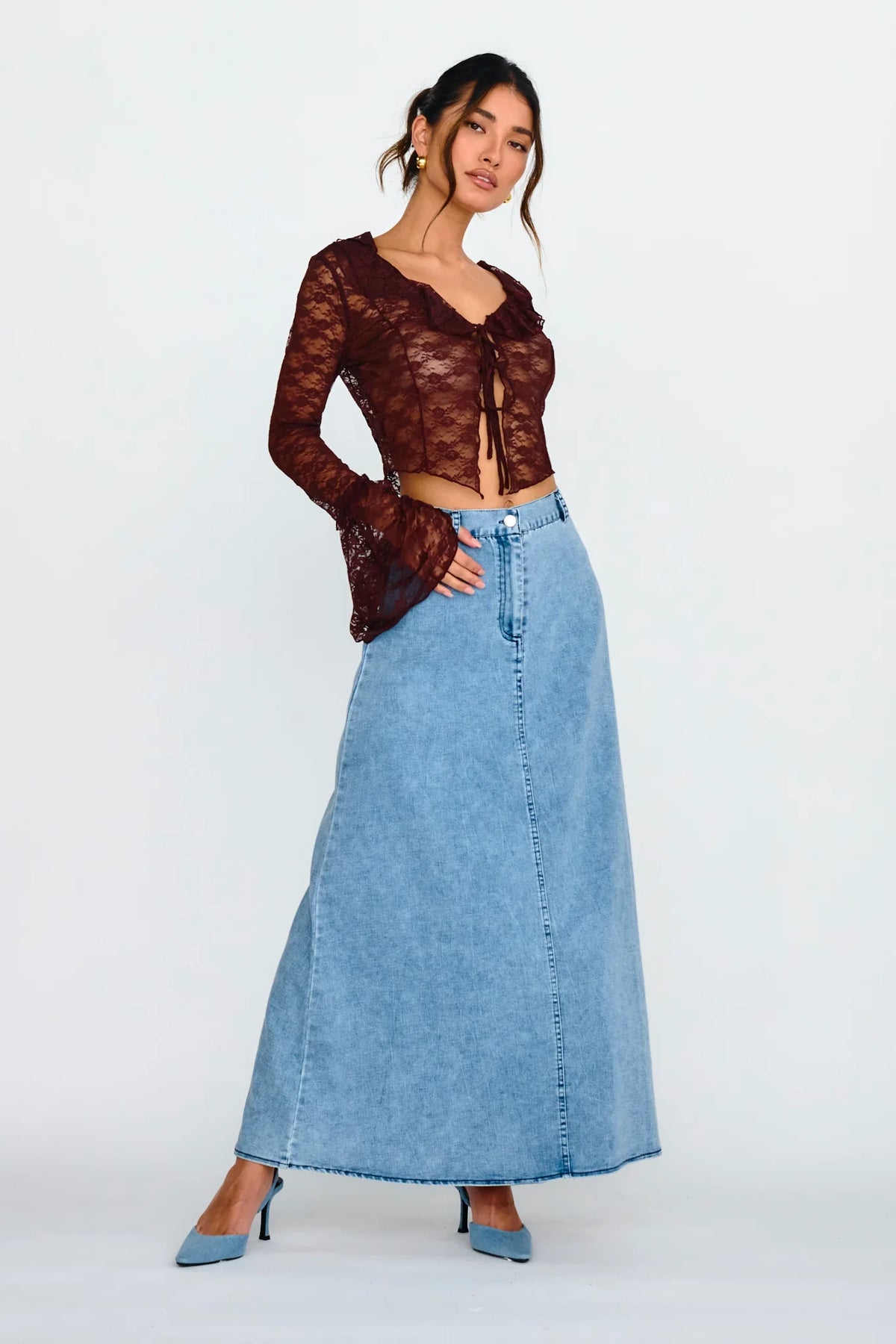 Siren Long Sleeve Tied Lace Top Brown
