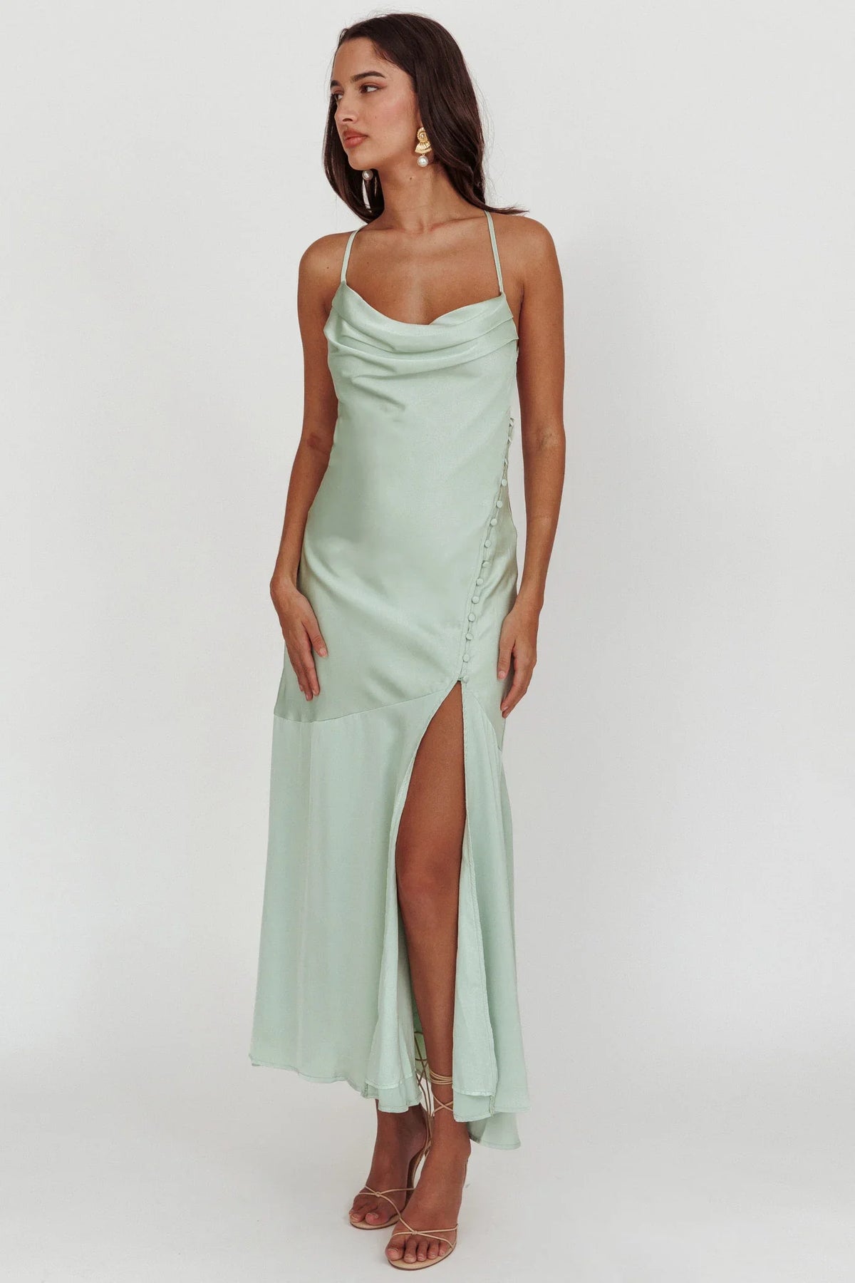Elpis Cowl Button Satin Maxi Dress Mint
