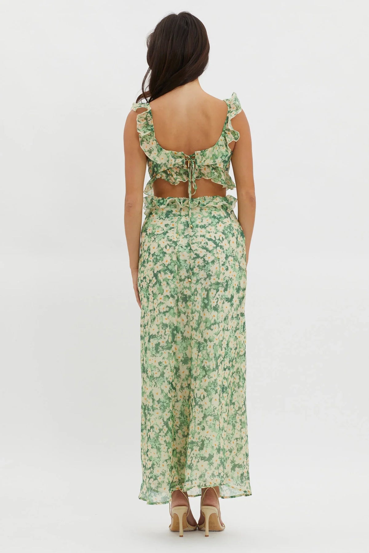 Second Chances Ruffle Trim Maxi Dress Flowers Green