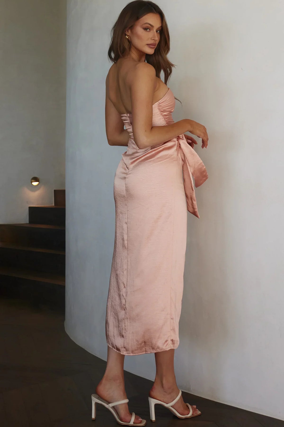 Gianna Strapless Waist Tie Midi Dress Peach