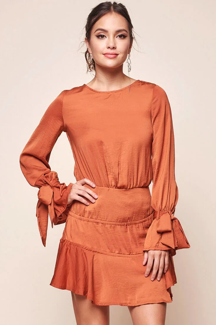 Amira Open Back Wrist Tie Fit and Flare Dress Copper