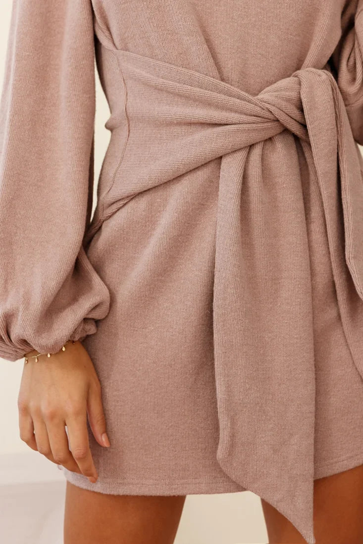 Rapt Waist Tie Knit Dress Mocha
