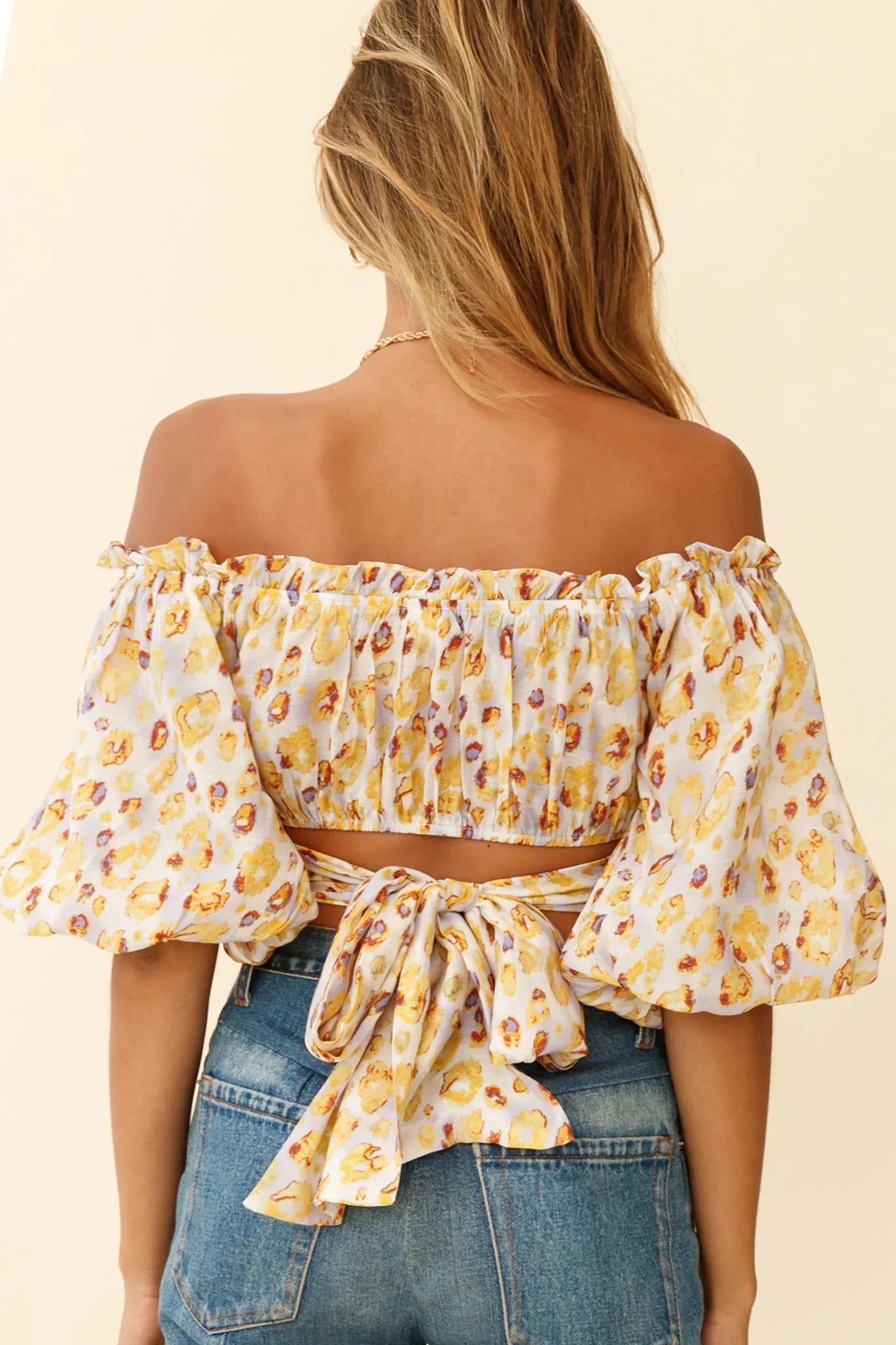 Linka Off-Shoulder Tie-Back Crop Top Leopard Print Yellow