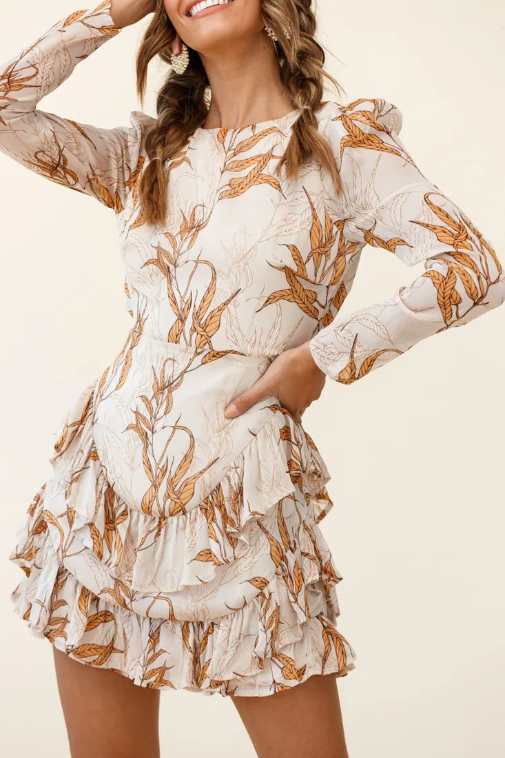 Liz Long Sleeve Double Ruffle Dress Leaf Print Beige