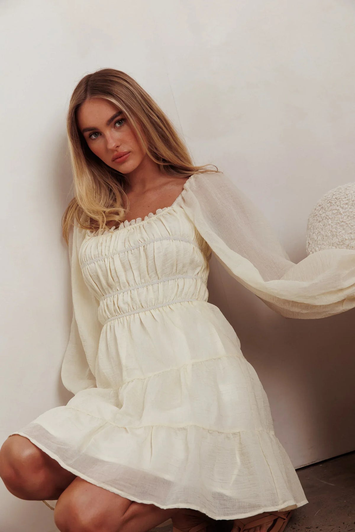 On A High Puff Sleeves Low Back Mini Dress Ivory
