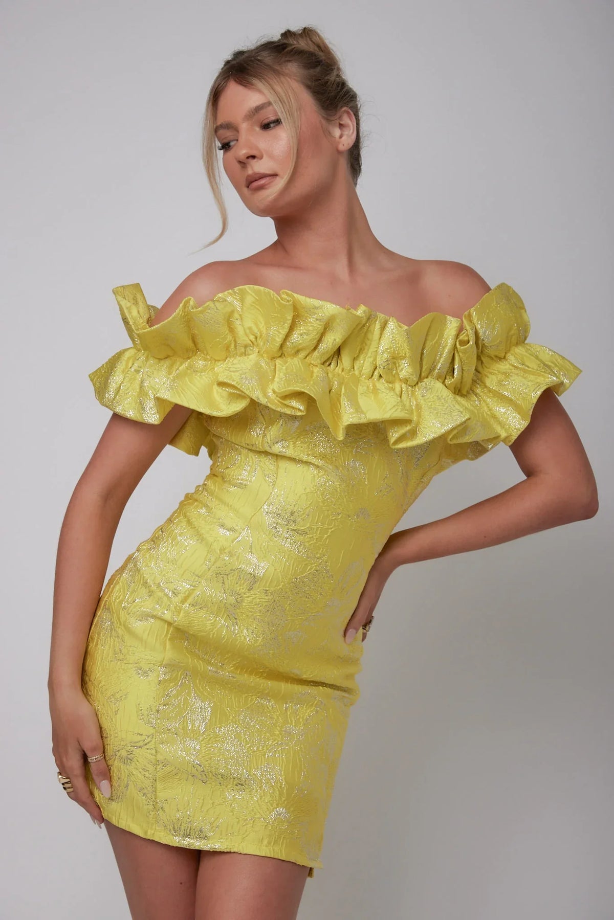 Memoire Off-Shoulder Jacquard Mini Dress Yellow