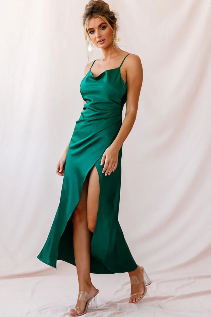Hey Girl Long Satin Cowl Neck Dress Forest Green