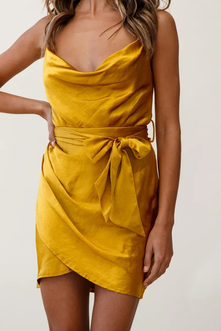 Bebe Satin Cowl Neck Wrap Dress Mustard