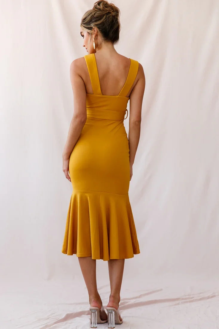 Sorry Not Sorry Wide Strap Flounce Dress Mustard