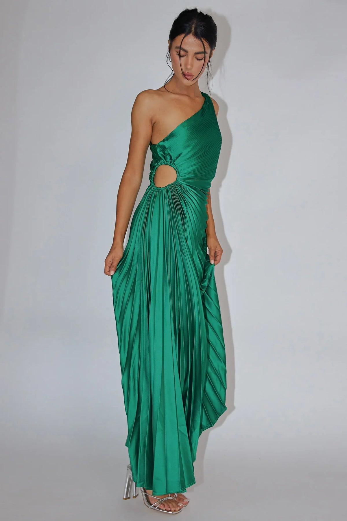 Brooklynn One-Shoulder Accordion Pleat Dress Kelly Green