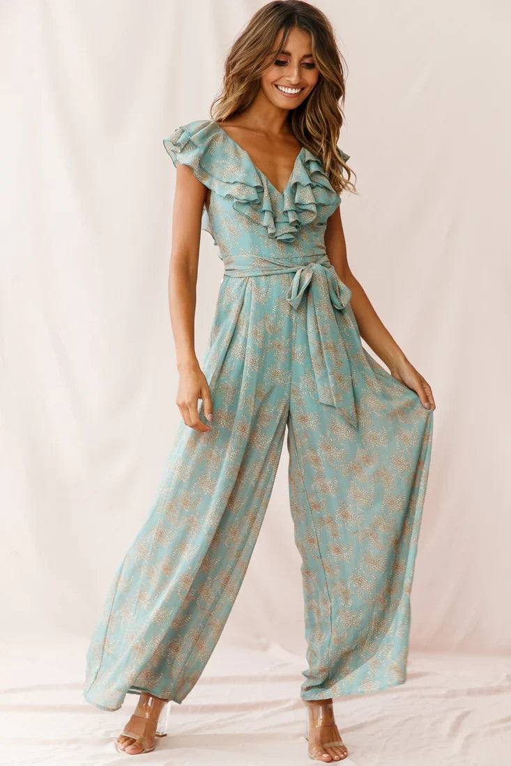 Marcia Ruffle Strap Wide Leg Jumpsuit Floral Print Sage