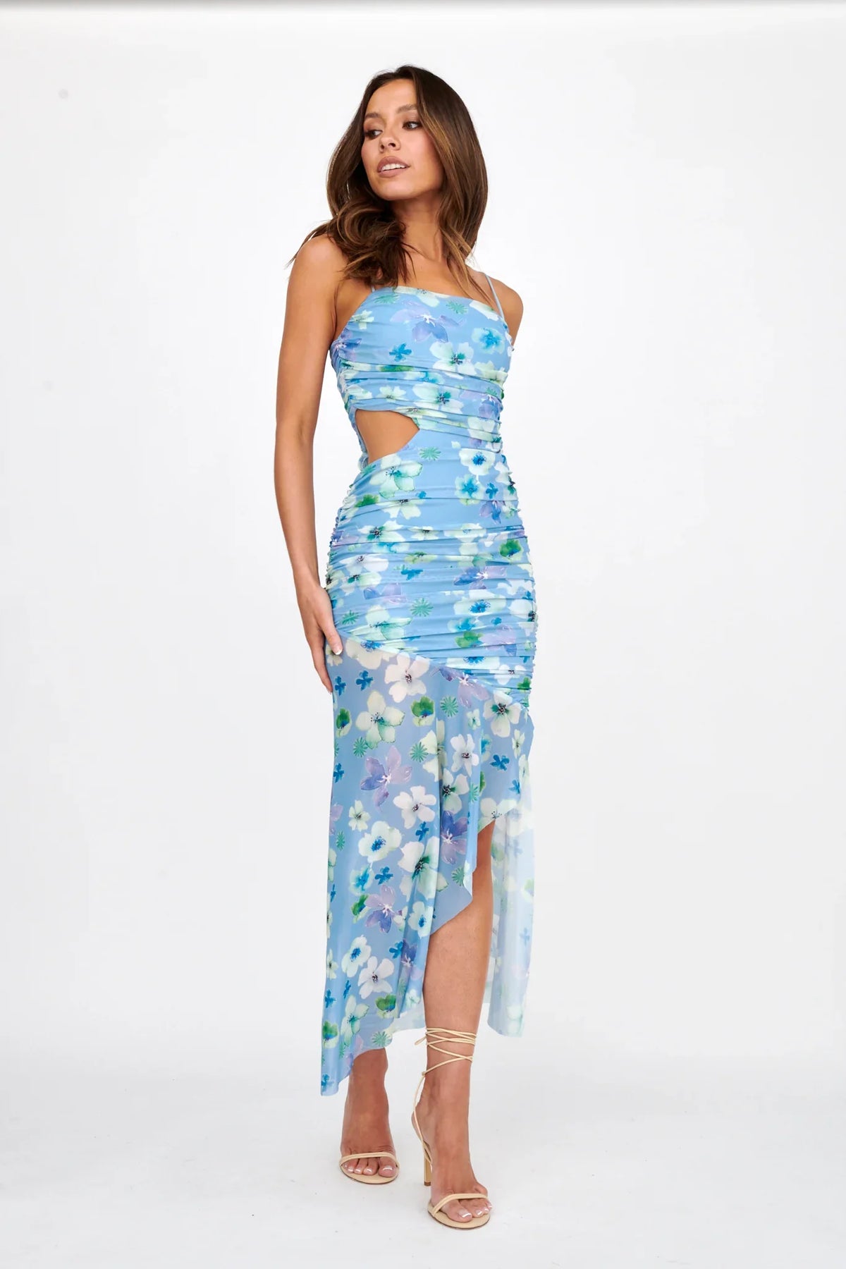 Kindred Soul Ruched Mesh Midi Dress Floral Blue