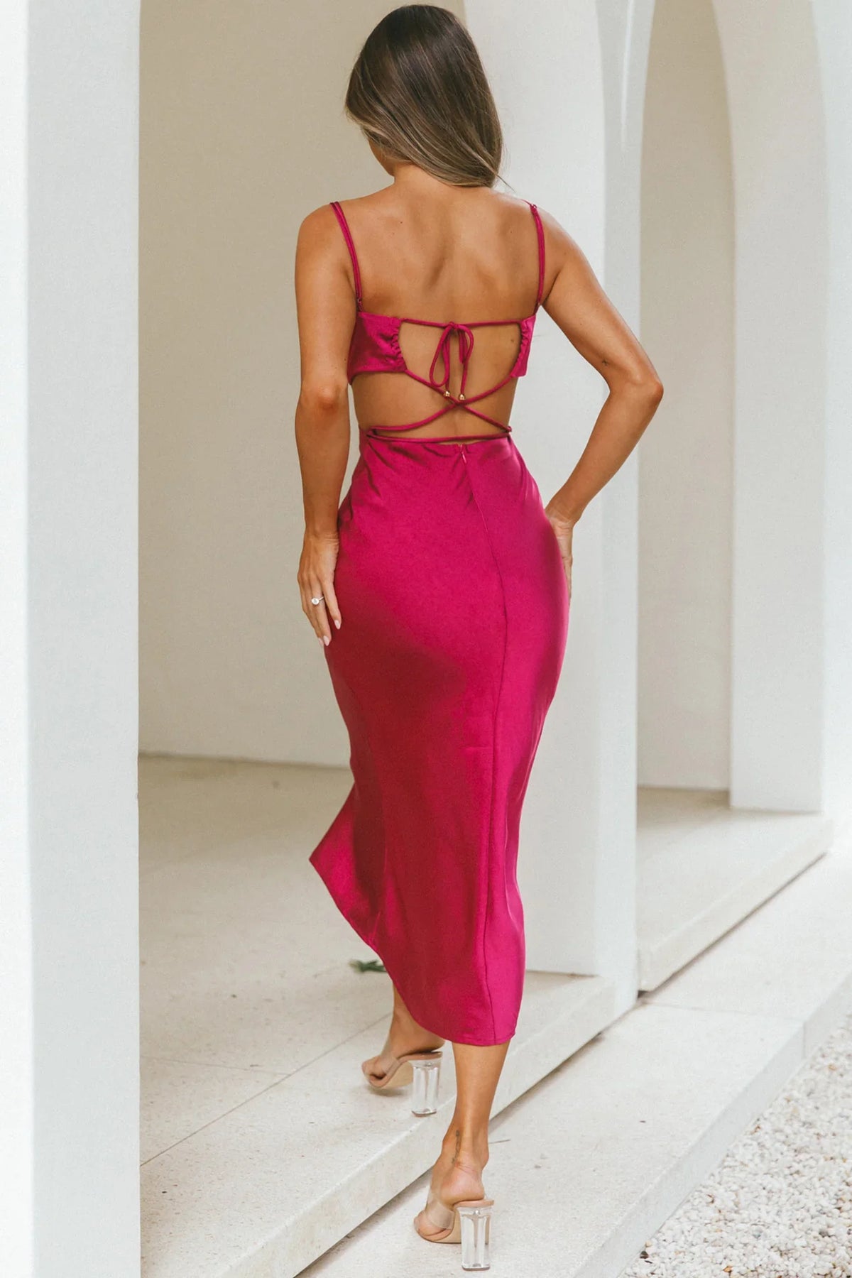 City Lights Cut-Out Waist Strappy Back Midi Dress Fuchsia