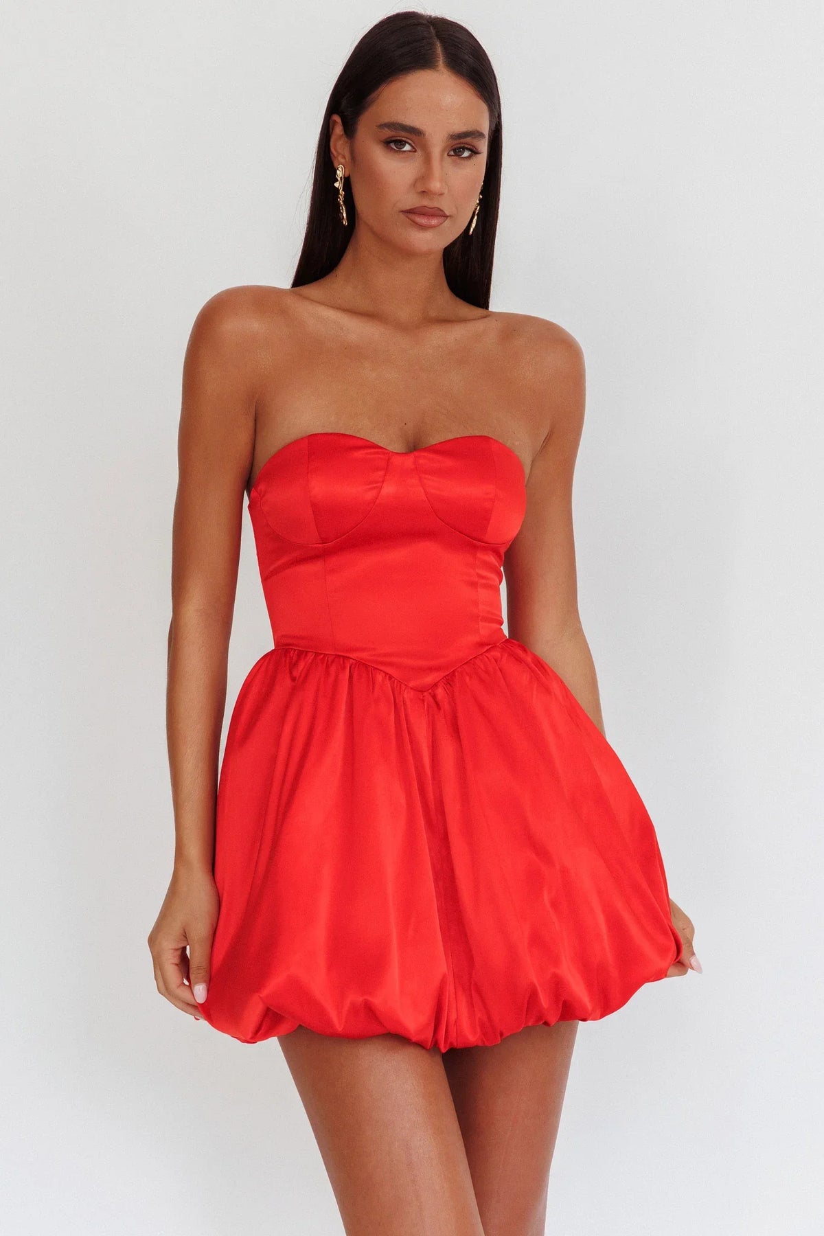 For Love Strapless Balloon Skirt Mini Dress Red