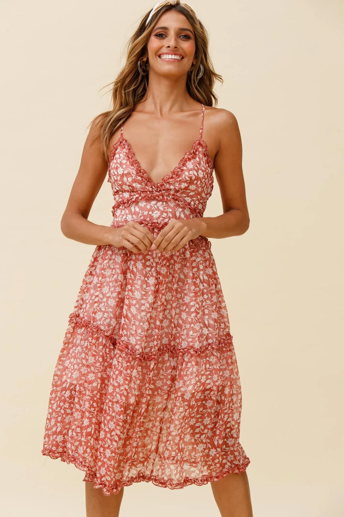 Laney Low Back Cami Strap Midi Dress Floral Print Rose