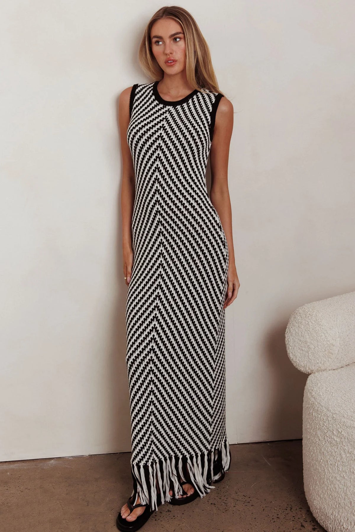 Same Place Fringed Knit Maxi Dress Black