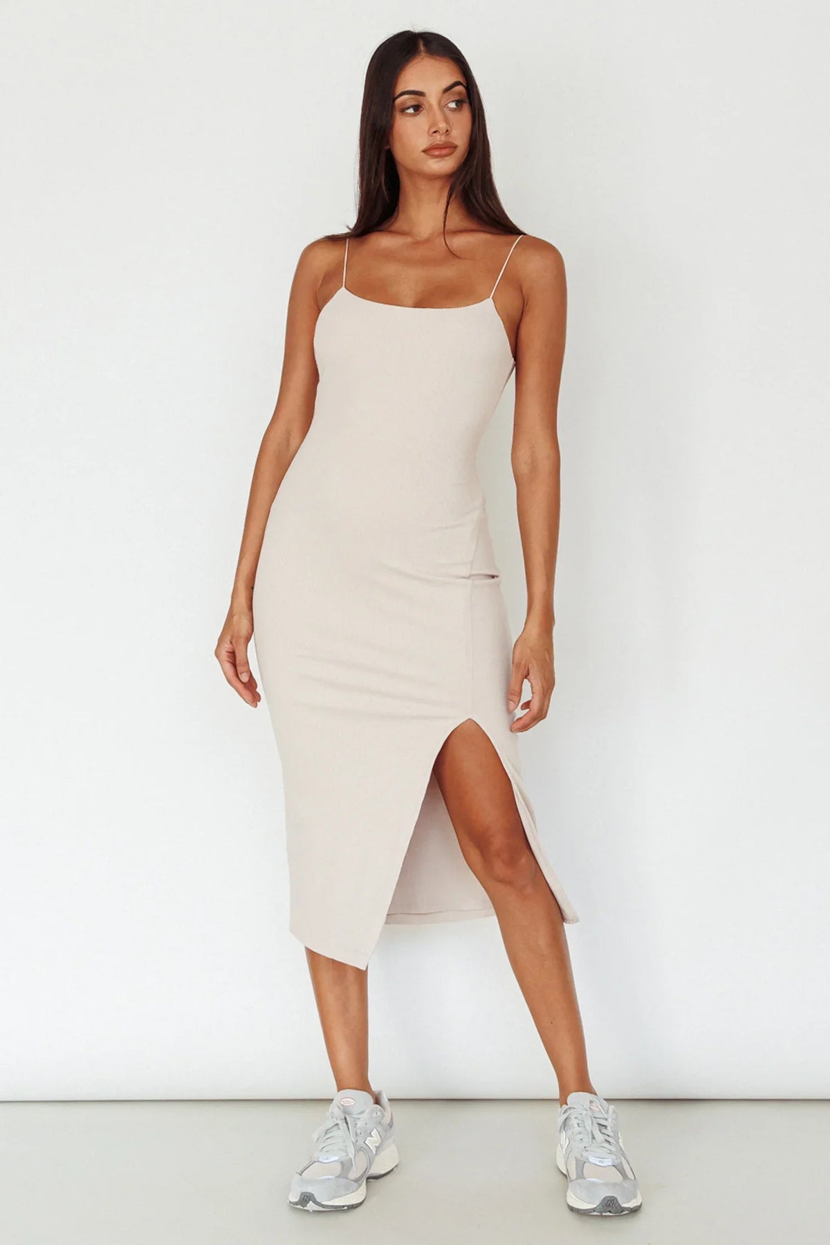 In My Element Split Midi Dress Oatmeal