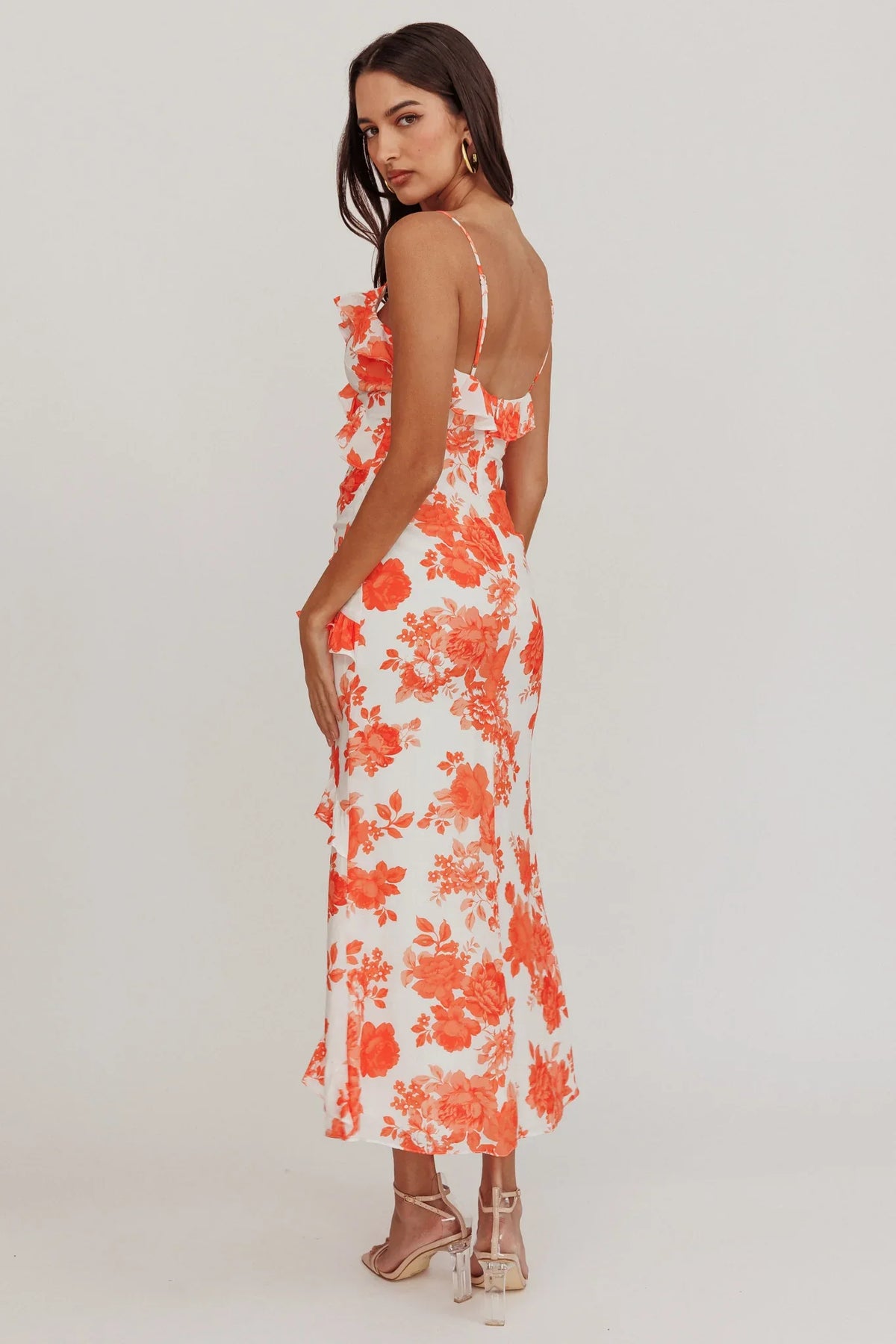 Silvana Frill Trim Maxi Dress Floral Orange