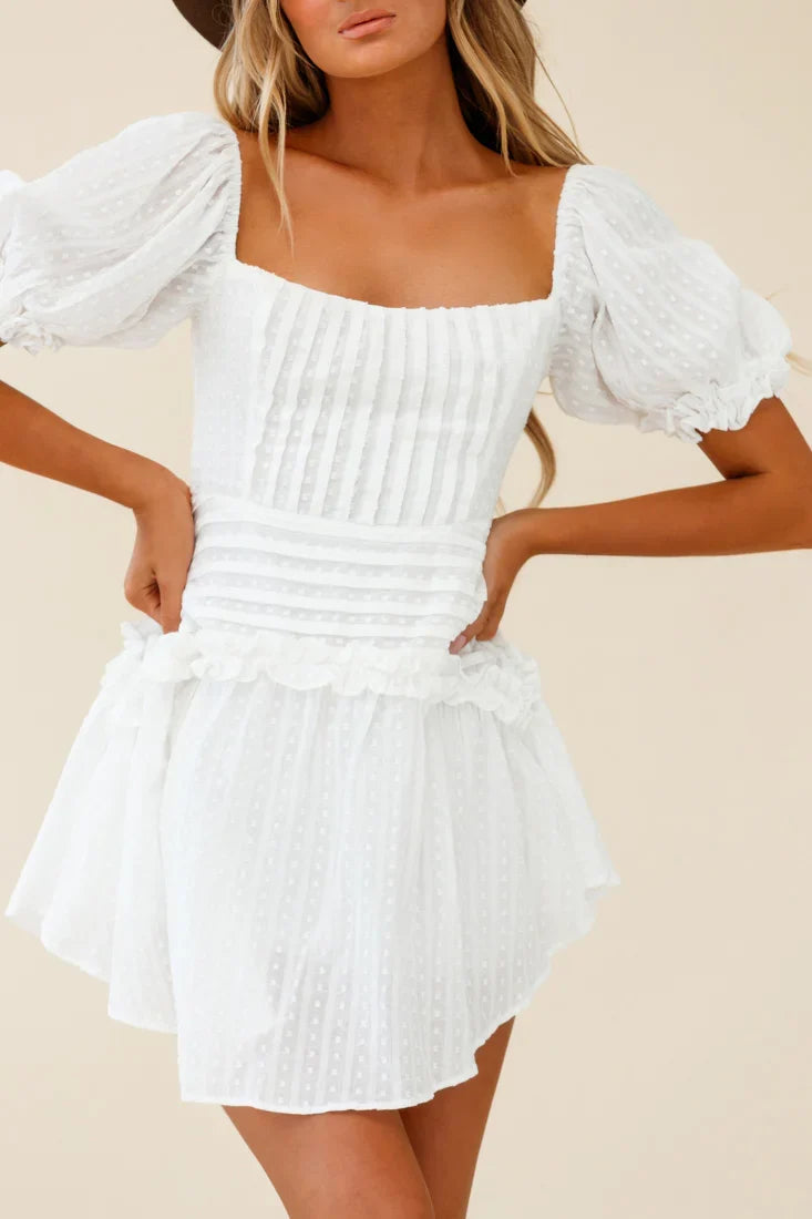 Sunshine Lane Milkmaid Sleeve Lace-up Back Dress White