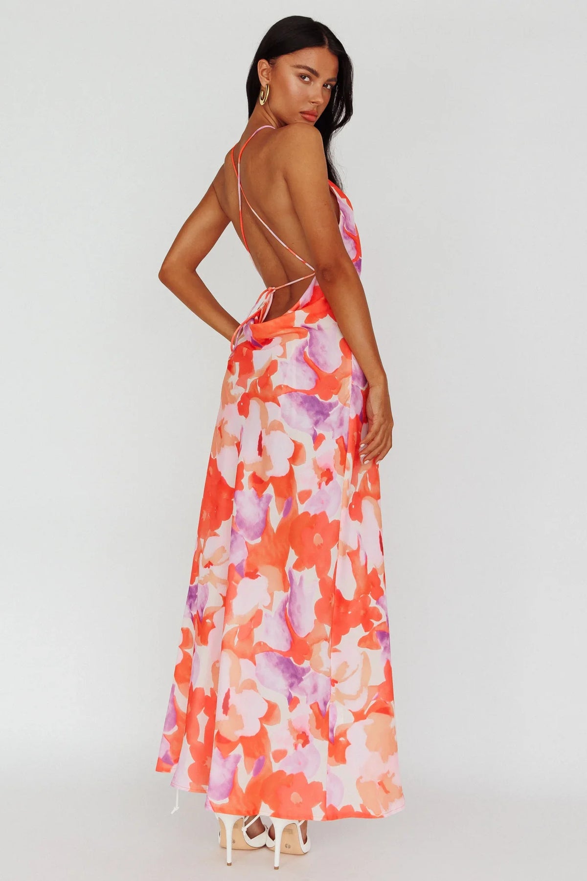 Val Cowl Back Maxi Dress Floral Orange