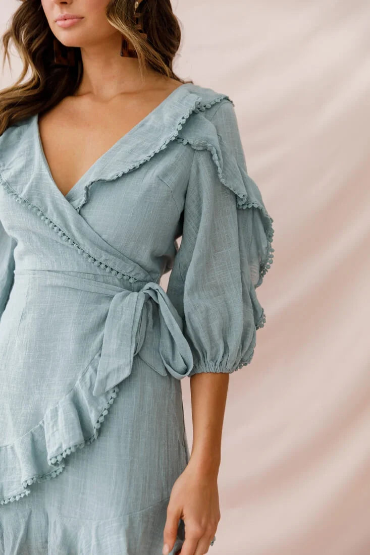 Peta Faux Wrap Ruffle Dress Sage
