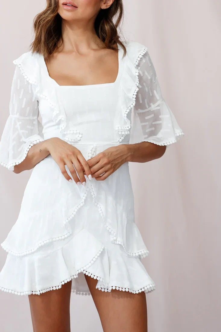 Evangelina Square Neckline Fluted Half-Sleeve Dress White