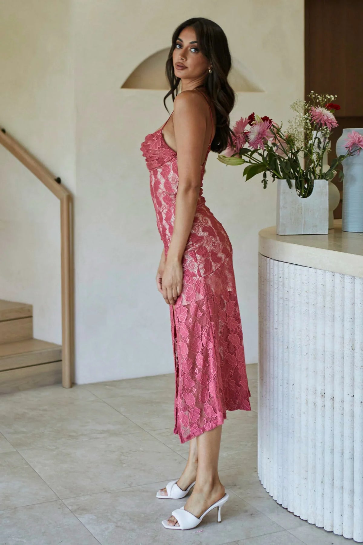 Well Versed Pleated Bust Front Split Dress Lace Rose