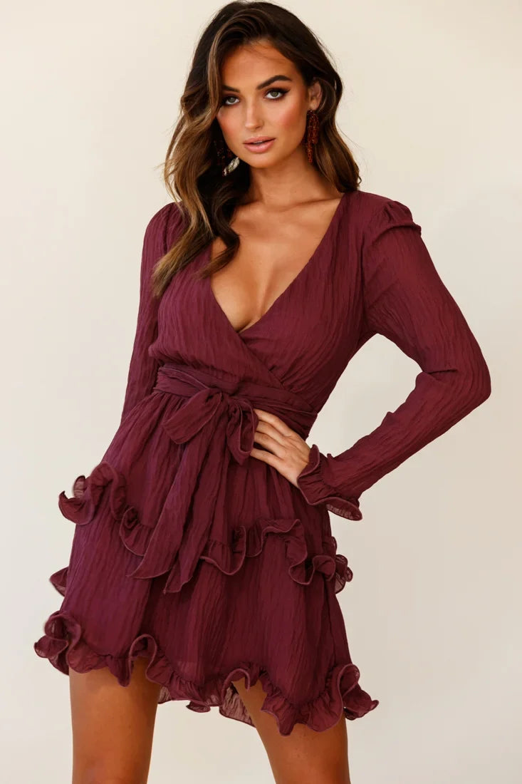 Greta Tiered Ruffle Chiffon Dress Wine